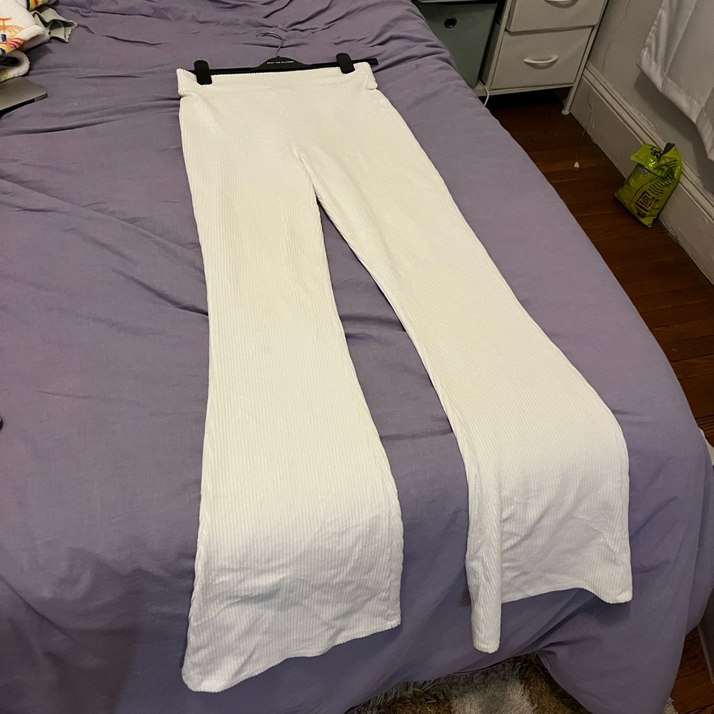 White Ribbed Flare Pants